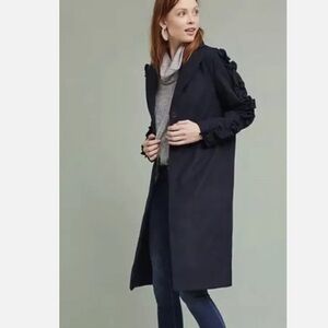 NWT.Retail $168 ANTHROPOLOGIE SZ L. Navy Ruffled Sleeve Women's long coat.